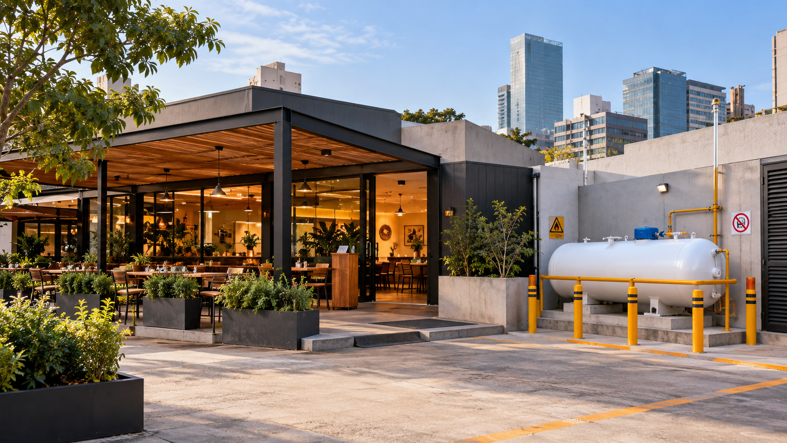 Restaurante con tanque estacionario de Gas L.P. instalado