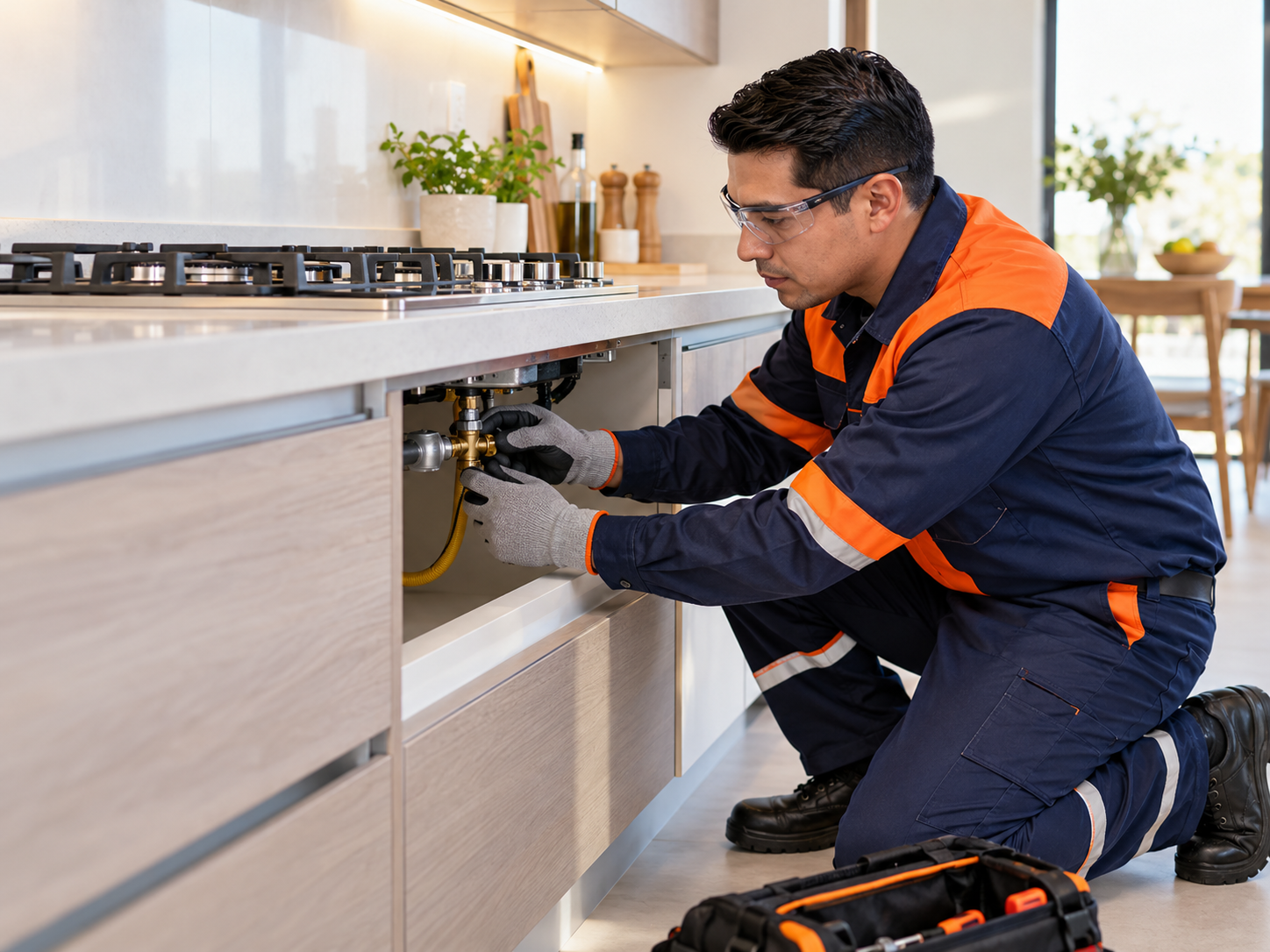 Técnico revisando una conexión de gas en una cocina moderna