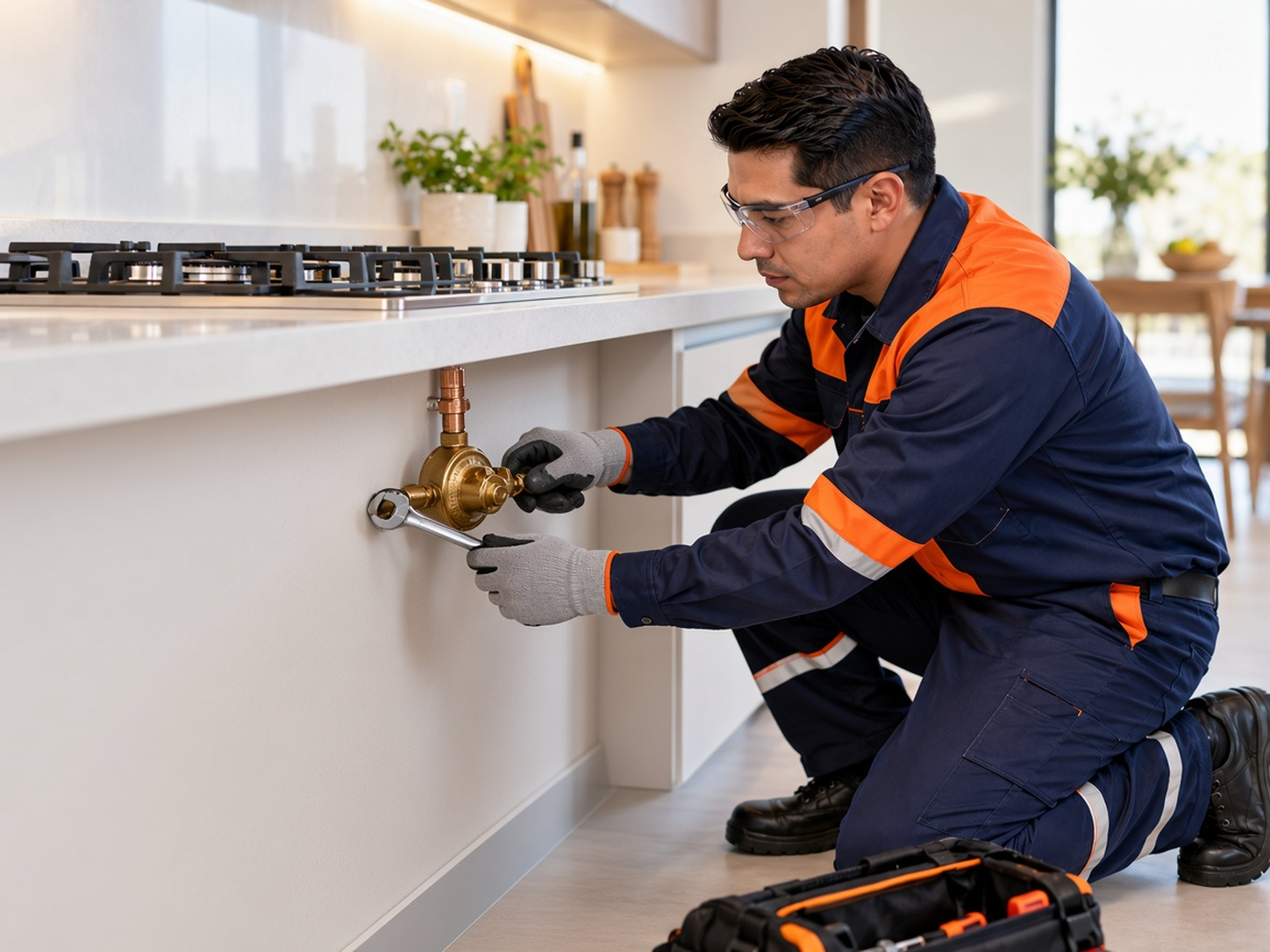 Técnico ajustando con llave un regulador de Gas L.P. para reparar una fuga